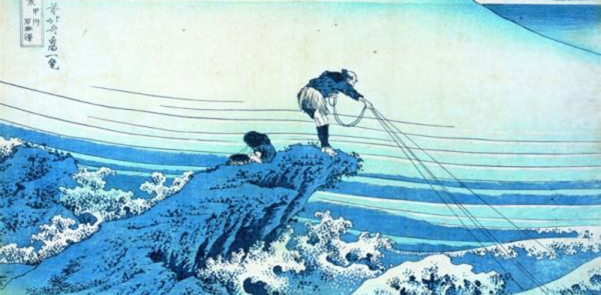 „Fischer im Sturm“ - Holzschnitt von Katsushika Hukosai